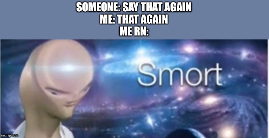 Meme man smort | SOMEONE: SAY THAT AGAIN
ME: THAT AGAIN
ME RN: | image tagged in meme man smort | made w/ Imgflip meme maker