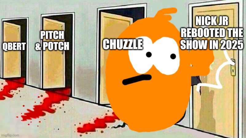 Potch knocks at the doors | NICK JR REBOOTED THE SHOW IN 2025; CHUZZLE; PITCH & POTCH; QBERT | image tagged in death knocking at the door,nick jr,asthma | made w/ Imgflip meme maker