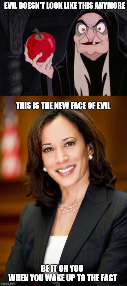 Evil | EVIL DOESN'T LOOK LIKE THIS ANYMORE; THIS IS THE NEW FACE OF EVIL; BE IT ON YOU 
WHEN YOU WAKE UP TO THE FACT | image tagged in kamala harris | made w/ Imgflip meme maker