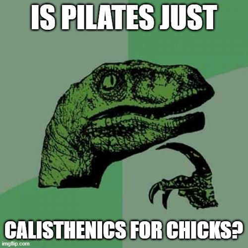 Philosoraptor | IS PILATES JUST; CALISTHENICS FOR CHICKS? | image tagged in memes,philosoraptor | made w/ Imgflip meme maker