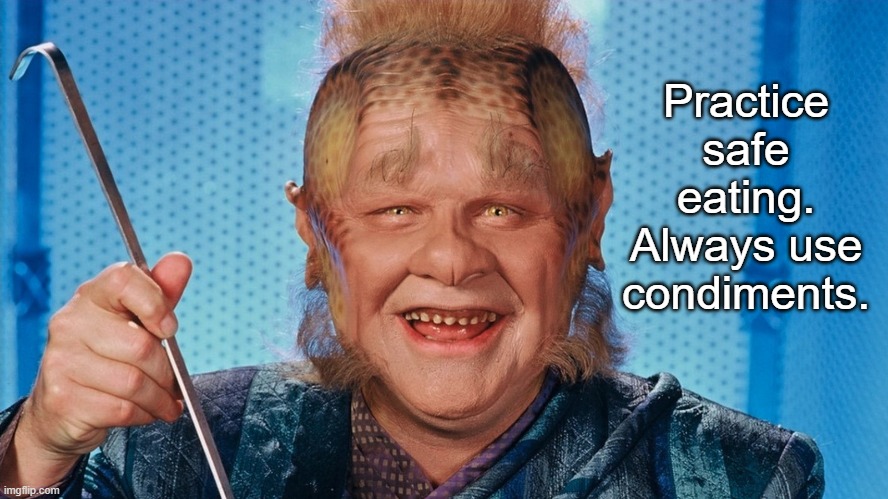 Neelix gives some advice. | Practice safe eating. Always use condiments. | image tagged in neelix,funny | made w/ Imgflip meme maker