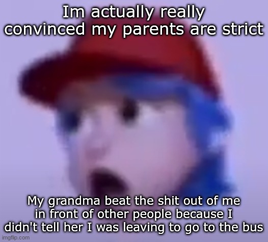 what the silly billy | Im actually really convinced my parents are strict; My grandma beat the shit out of me in front of other people because I didn't tell her I was leaving to go to the bus | image tagged in what the silly billy | made w/ Imgflip meme maker