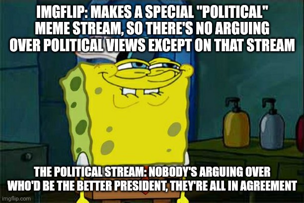 The politics meme stream | IMGFLIP: MAKES A SPECIAL "POLITICAL" MEME STREAM, SO THERE'S NO ARGUING OVER POLITICAL VIEWS EXCEPT ON THAT STREAM; THE POLITICAL STREAM: NOBODY'S ARGUING OVER WHO'D BE THE BETTER PRESIDENT, THEY'RE ALL IN AGREEMENT | image tagged in memes,don't you squidward | made w/ Imgflip meme maker