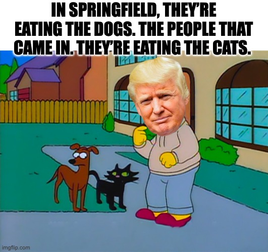 Pets in Springfiled - Trump vs Harris debate | IN SPRINGFIELD, THEY’RE EATING THE DOGS. THE PEOPLE THAT CAME IN. THEY’RE EATING THE CATS. | image tagged in simpsons,trump,kamala harris,pets,dogs,cats | made w/ Imgflip meme maker