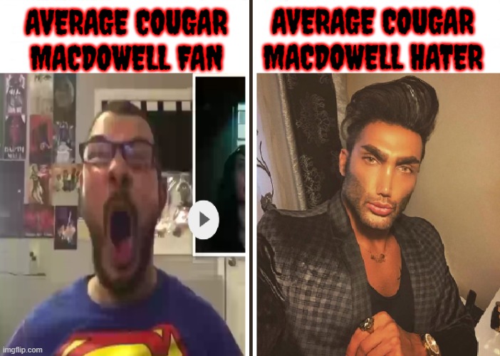 grammer mistakes only | AVERAGE COUGAR MACDOWELL HATER; AVERAGE COUGAR MACDOWELL FAN | image tagged in average fan vs average enjoyer | made w/ Imgflip meme maker