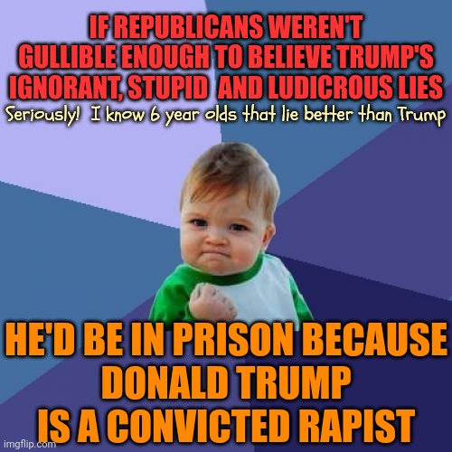 Donald Trump Is As Ignorant As You'd Think Convicted Rapist Would Be Because DONALD TRUMP IS A CONVICTED RAPIST | IF REPUBLICANS WEREN'T GULLIBLE ENOUGH TO BELIEVE TRUMP'S IGNORANT, STUPID  AND LUDICROUS LIES; Seriously!  I know 6 year olds that lie better than Trump; HE'D BE IN PRISON BECAUSE
DONALD TRUMP IS A CONVICTED RAPIST | image tagged in memes,success kid,donald trump is a convicted rapist,lock him up,dumbass | made w/ Imgflip meme maker