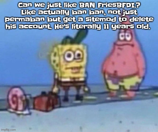 sponge and pat | Can we just like BAN FriesBFDI.? Like actually ban ban, not just permaban but get a sitemod to delete his account. He's literally 11 years old. | image tagged in sponge and pat | made w/ Imgflip meme maker