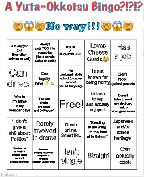 A Yuta-Okkotsu Bingo | image tagged in a yuta-okkotsu bingo | made w/ Imgflip meme maker