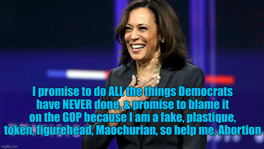 Goodbye Comrade | I promise to do ALL the things Democrats have NEVER done, & promise to blame it on the GOP because I am a fake, plastique, token, figurehead, Maochurian, so help me, Abortion | image tagged in kamala harris i promise,political meme,politics,funny memes,funny | made w/ Imgflip meme maker