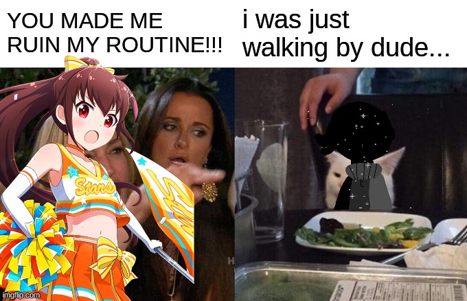 cosmo only walked by... | YOU MADE ME RUIN MY ROUTINE!!! i was just walking by dude... | image tagged in memes,woman yelling at cat | made w/ Imgflip meme maker