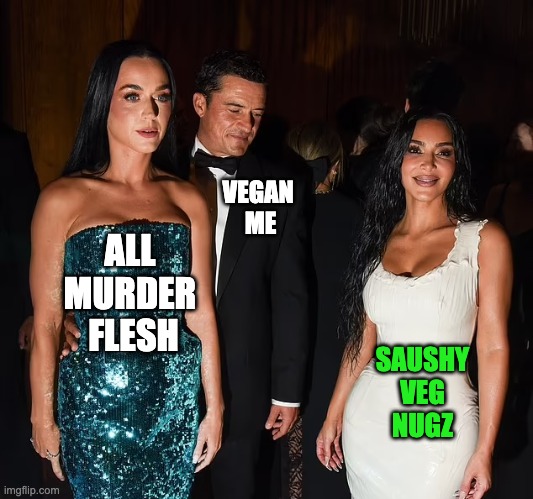 vegan me | VEGAN 
ME; ALL 
MURDER 
FLESH; SAUSHY
VEG
NUGZ | image tagged in orlando sees new booty | made w/ Imgflip meme maker