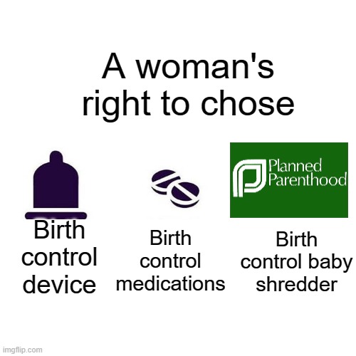 Democrat priorities- If only women had choices, sadly only one of these destroys the evidence of a murder | A woman's right to chose; Birth control medications; Birth control baby shredder; Birth control device | image tagged in birth control effectiveness | made w/ Imgflip meme maker