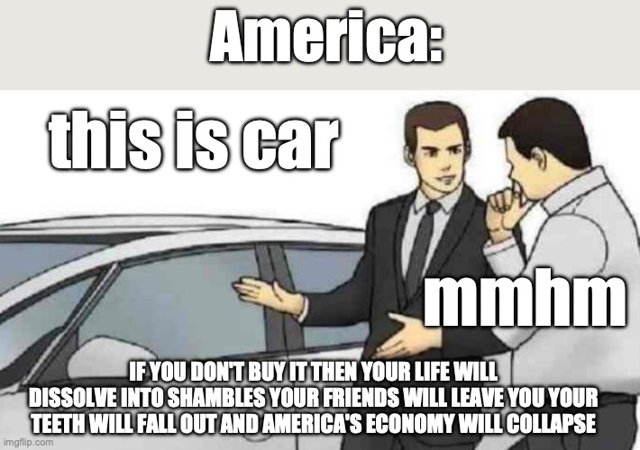 Car Salesman Slaps Roof Of Car | America:; this is car; mmhm; IF YOU DON'T BUY IT THEN YOUR LIFE WILL DISSOLVE INTO SHAMBLES YOUR FRIENDS WILL LEAVE YOU YOUR TEETH WILL FALL OUT AND AMERICA'S ECONOMY WILL COLLAPSE | image tagged in memes,car salesman slaps roof of car | made w/ Imgflip meme maker