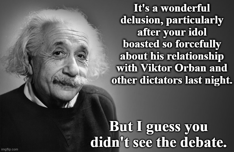 albert einstein quotes | It's a wonderful delusion, particularly after your idol boasted so forcefully about his relationship with Viktor Orban and other dictators l | image tagged in albert einstein quotes | made w/ Imgflip meme maker