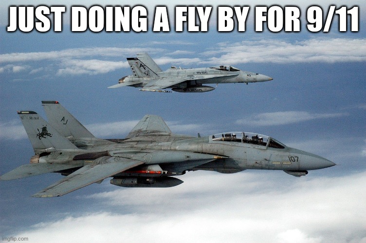 f14 tomcat | JUST DOING A FLY BY FOR 9/11 | image tagged in f14 tomcat | made w/ Imgflip meme maker