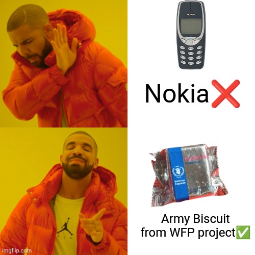 Real hardness | Nokia❌; Army Biscuit from WFP project✅ | image tagged in memes,drake hotline bling | made w/ Imgflip meme maker