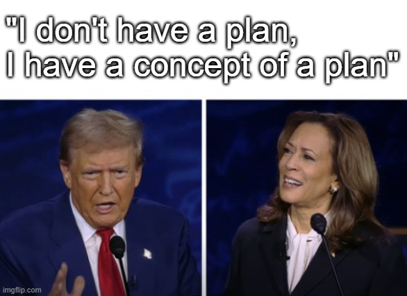 2024 Presidential Debate Harris Confused | "I don't have a plan, I have a concept of a plan" | image tagged in 2024 presidential debate harris confused | made w/ Imgflip meme maker