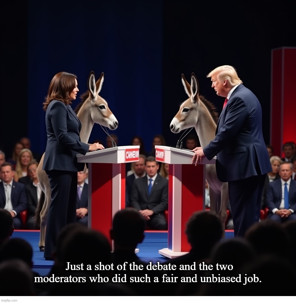 Just a shot of the debate and the two moderators who did such a fair and unbiased job. | image tagged in liberal bias,media bias,donkey staring,clown world,comrade kamala,crush the commies | made w/ Imgflip meme maker