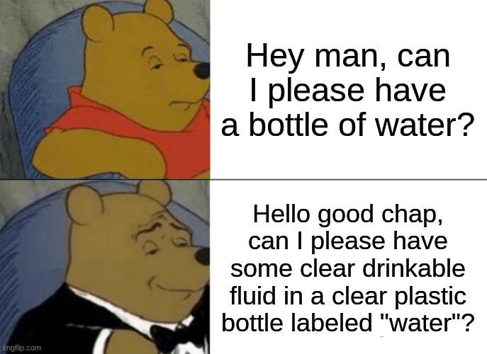 Second | Hey man, can I please have a bottle of water? Hello good chap, can I please have some clear drinkable fluid in a clear plastic bottle labeled "water"? | image tagged in memes,tuxedo winnie the pooh | made w/ Imgflip meme maker