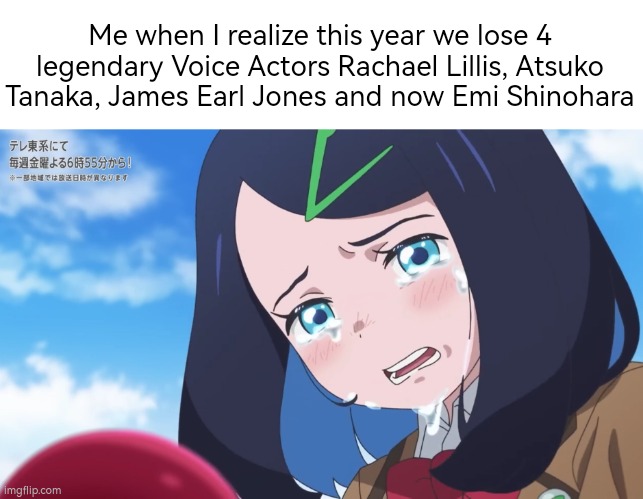 I know sadly we will lose more legendary voice actor... | Me when I realize this year we lose 4 legendary Voice Actors Rachael Lillis, Atsuko Tanaka, James Earl Jones and now Emi Shinohara | image tagged in voice actor,rip,sad but true | made w/ Imgflip meme maker