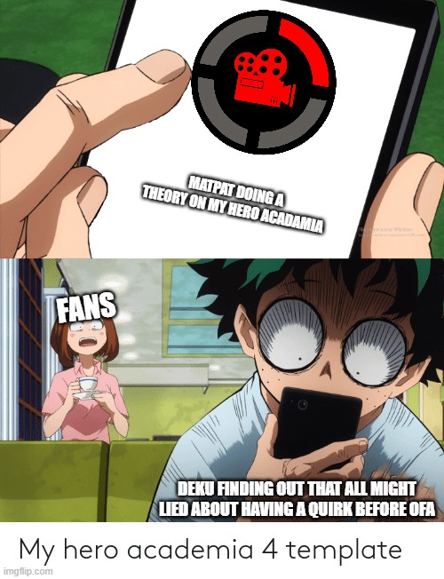 What THE | MATPAT DOING A THEORY ON MY HERO ACADAMIA; FANS; DEKU FINDING OUT THAT ALL MIGHT LIED ABOUT HAVING A QUIRK BEFORE OFA | image tagged in mha 4 template,matpat,mha | made w/ Imgflip meme maker