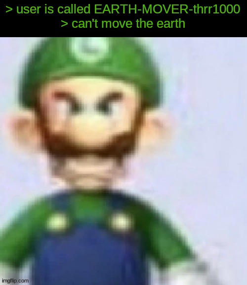 angry luigi | > user is called EARTH-MOVER-thrr1000
> can't move the earth | image tagged in angry luigi | made w/ Imgflip meme maker