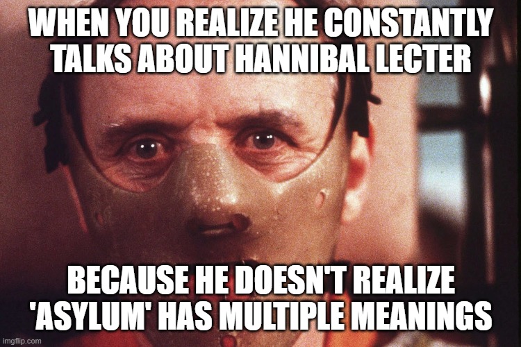 Well yeah, he speaks on a third grade level | WHEN YOU REALIZE HE CONSTANTLY TALKS ABOUT HANNIBAL LECTER; BECAUSE HE DOESN'T REALIZE 'ASYLUM' HAS MULTIPLE MEANINGS | image tagged in hannibal lecter in mask,donald trump,not smarter than a third grader | made w/ Imgflip meme maker