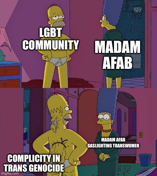 Homer Simpson's Back Fat | MADAM AFAB; LGBT COMMUNITY; MADAM AFAB GASLIGHTING TRANSWOMEN; COMPLICITY IN TRANS GENOCIDE | image tagged in homer simpson's back fat | made w/ Imgflip meme maker