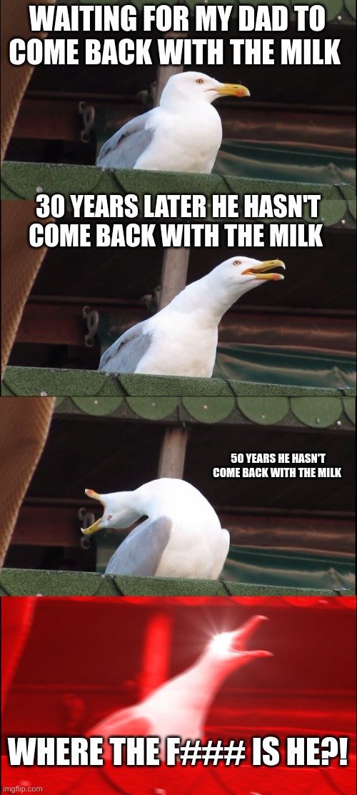 the seagull meme | WAITING FOR MY DAD TO COME BACK WITH THE MILK; 30 YEARS LATER HE HASN'T COME BACK WITH THE MILK; 50 YEARS HE HASN'T COME BACK WITH THE MILK; WHERE THE F### IS HE?! | image tagged in memes,inhaling seagull | made w/ Imgflip meme maker