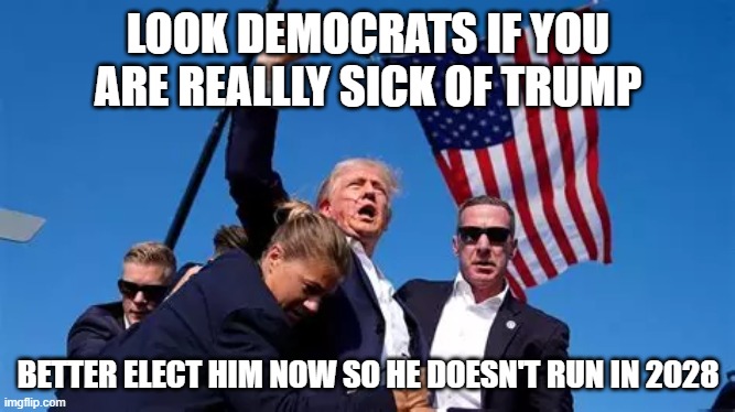 Trump 2028 | LOOK DEMOCRATS IF YOU ARE REALLLY SICK OF TRUMP; BETTER ELECT HIM NOW SO HE DOESN'T RUN IN 2028 | image tagged in donald trump | made w/ Imgflip meme maker