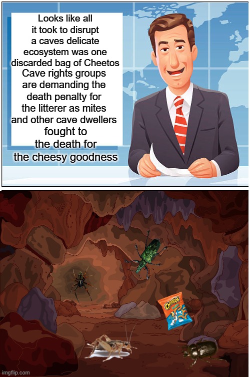 Who knew the C.H.U.D. liked Cheeto's? | Looks like all it took to disrupt a caves delicate ecosystem was one discarded bag of Cheetos; Cave rights groups are demanding the death penalty for the litterer as mites and other cave dwellers; fought to the death for the cheesy goodness | image tagged in cave,ecosystem,litter,outrage | made w/ Imgflip meme maker