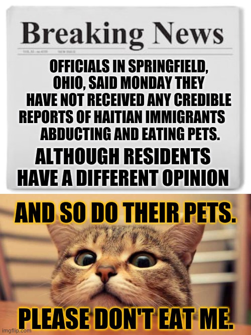 Politicians Are All About Image...Not Always The Truth | OFFICIALS IN SPRINGFIELD, OHIO, SAID MONDAY THEY HAVE NOT RECEIVED ANY CREDIBLE REPORTS OF HAITIAN IMMIGRANTS     
 ABDUCTING AND EATING PETS. ALTHOUGH RESIDENTS HAVE A DIFFERENT OPINION; AND SO DO THEIR PETS. PLEASE DON'T EAT ME. | image tagged in illegal immigrants,eating,pets,politicians,oh no,memes | made w/ Imgflip meme maker