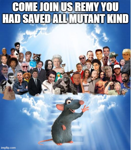 rip remy the rat | COME JOIN US REMY YOU HAD SAVED ALL MUTANT KIND | image tagged in legend is gone,rats,ratatouille,pixar,mutant,cartoons | made w/ Imgflip meme maker