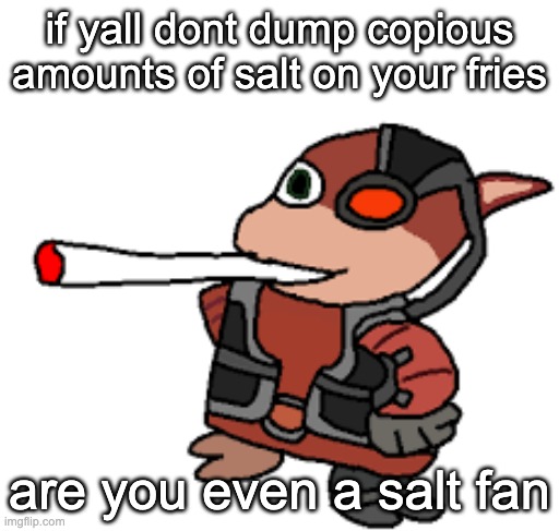 idea for a term: salties | if yall dont dump copious amounts of salt on your fries; are you even a salt fan | image tagged in grox with a fat blunt | made w/ Imgflip meme maker