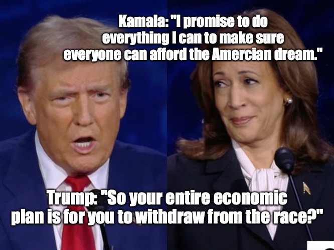 Well, you go girl! | Kamala: "I promise to do everything I can to make sure everyone can afford the Amercian dream."; Trump: "So your entire economic plan is for you to withdraw from the race?" | image tagged in kamala debate face,presidential debate,trump | made w/ Imgflip meme maker