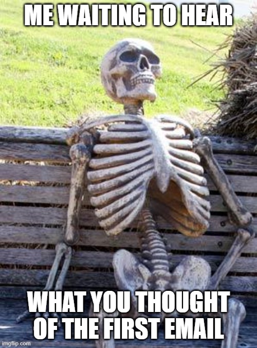 Waiting Skeleton | ME WAITING TO HEAR; WHAT YOU THOUGHT OF THE FIRST EMAIL | image tagged in memes,waiting skeleton | made w/ Imgflip meme maker