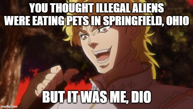 But it was me Dio | YOU THOUGHT ILLEGAL ALIENS WERE EATING PETS IN SPRINGFIELD, OHIO; BUT IT WAS ME, DIO | image tagged in but it was me dio | made w/ Imgflip meme maker