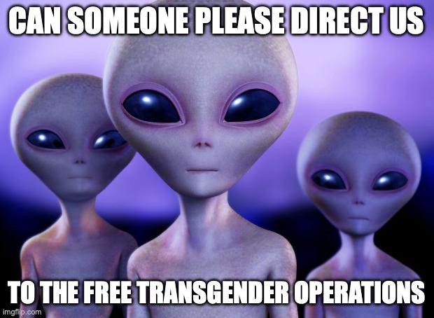 Aliens | CAN SOMEONE PLEASE DIRECT US; TO THE FREE TRANSGENDER OPERATIONS | image tagged in aliens | made w/ Imgflip meme maker