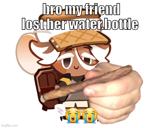 smore cookie with a blunt | bro my friend lost her water.bottle; 😭😭 | image tagged in smore cookie with a blunt | made w/ Imgflip meme maker