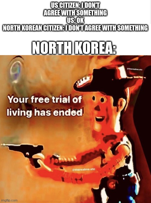 idk what to say | US CITIZEN: I DON'T AGREE WITH SOMETHING
US: OK
NORTH KOREAN CITIZEN: I DON'T AGREE WITH SOMETHING; NORTH KOREA: | image tagged in blank meme template,your free trial of living has ended | made w/ Imgflip meme maker