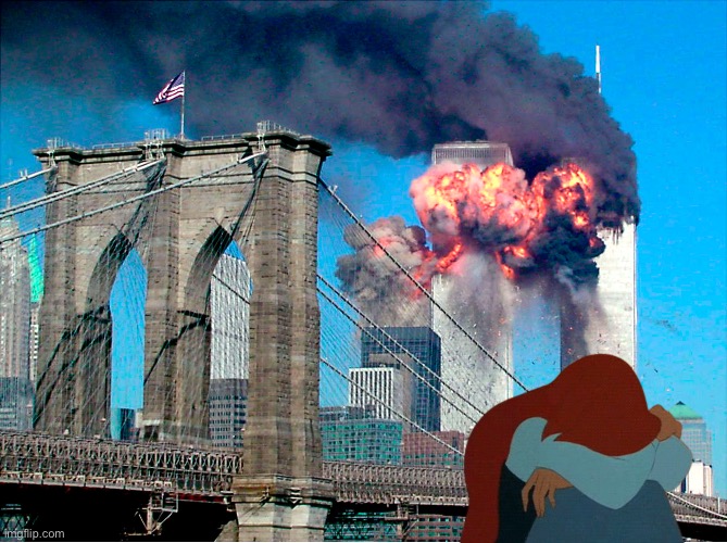 Ariel is Crying Due to the 9/11 Attacks | image tagged in ariel,crying girl,disney,september,the little mermaid,new york | made w/ Imgflip meme maker