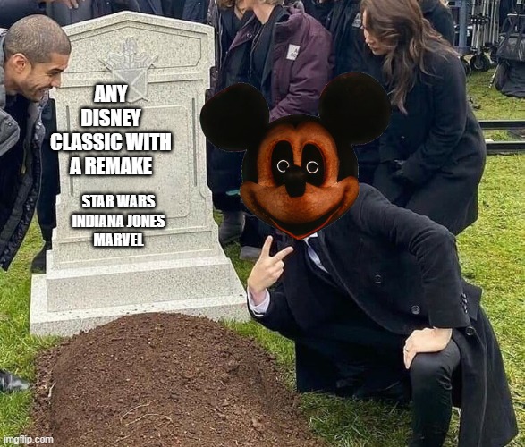 Disney basically (meme version) | ANY DISNEY CLASSIC WITH A REMAKE; STAR WARS
INDIANA JONES
MARVEL | image tagged in peace sign tombstone | made w/ Imgflip meme maker