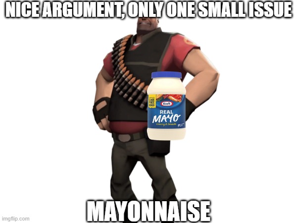 Heavy with mayonnaise | NICE ARGUMENT, ONLY ONE SMALL ISSUE; MAYONNAISE | image tagged in heavy with mayonnaise | made w/ Imgflip meme maker