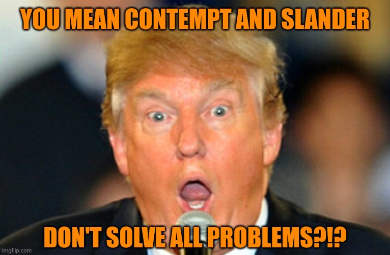 Trump surprised | YOU MEAN CONTEMPT AND SLANDER DON'T SOLVE ALL PROBLEMS?!? | image tagged in trump surprised | made w/ Imgflip meme maker