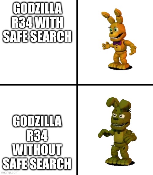 don't worry you will only get pics of a cool car | GODZILLA R34 WITH SAFE SEARCH; GODZILLA R34 WITHOUT SAFE SEARCH | image tagged in expectations vs reality fnaf world edit,car,godzilla | made w/ Imgflip meme maker