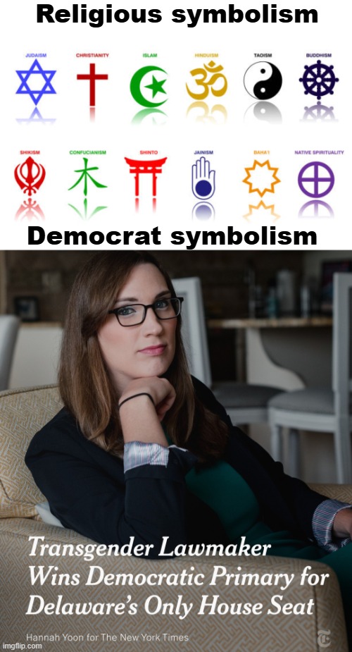 Hate-crime laws gonna be LIT. Wonder what DEI bonus they received for this specimen | Religious symbolism; Democrat symbolism | image tagged in democrats,american politics | made w/ Imgflip meme maker