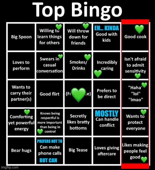 Top bingo | 💚; EH… KINDA; 💚; 💚; 💚; 💚; 💚; 💚; 💚; 💚; MOSTLY; 💚; 💚; 💚; PREFERS NOT TO; 💚; BUT CAN | image tagged in top bingo,bingo,top,lgbtq,alcohol,cooking | made w/ Imgflip meme maker