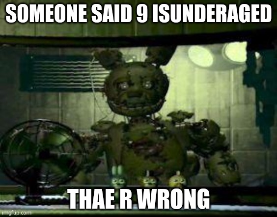 FNAF Springtrap in window | SOMEONE SAID 9 ISUNDERAGED; THAE R WRONG | image tagged in fnaf springtrap in window | made w/ Imgflip meme maker