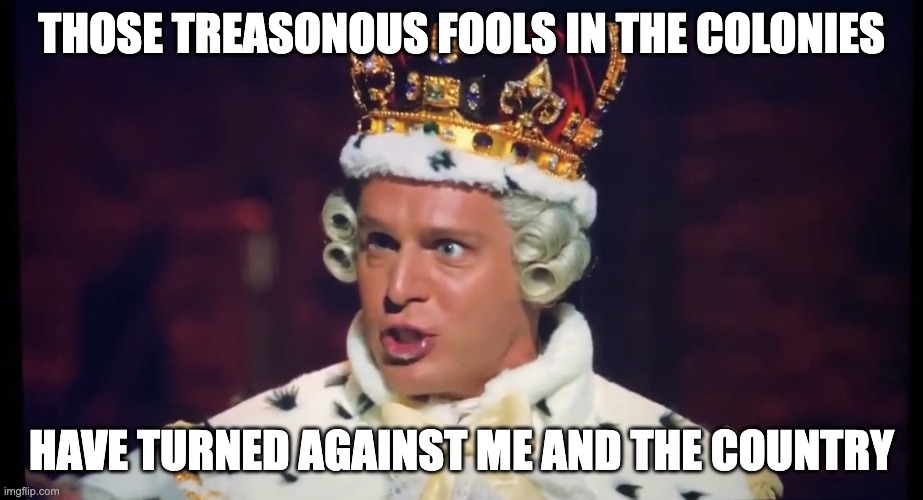 Treason | THOSE TREASONOUS FOOLS IN THE COLONIES; HAVE TURNED AGAINST ME AND THE COUNTRY | image tagged in king george hamilton | made w/ Imgflip meme maker