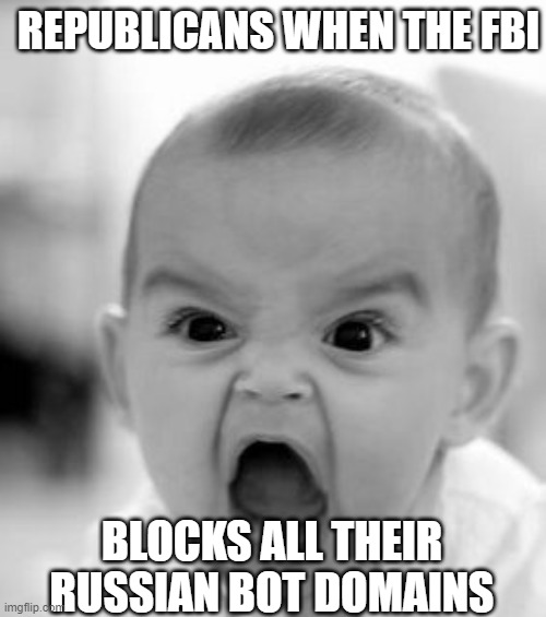 Bring on the Ruski Trolls. | REPUBLICANS WHEN THE FBI; BLOCKS ALL THEIR RUSSIAN BOT DOMAINS | image tagged in angry baby,fbi,republicans,russia | made w/ Imgflip meme maker